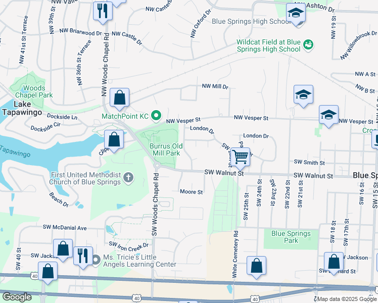 map of restaurants, bars, coffee shops, grocery stores, and more near 132 Southwest 27 Street in Blue Springs