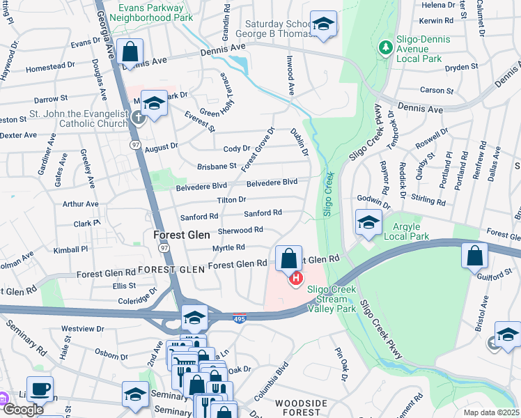 map of restaurants, bars, coffee shops, grocery stores, and more near 1609 Sanford Road in Silver Spring