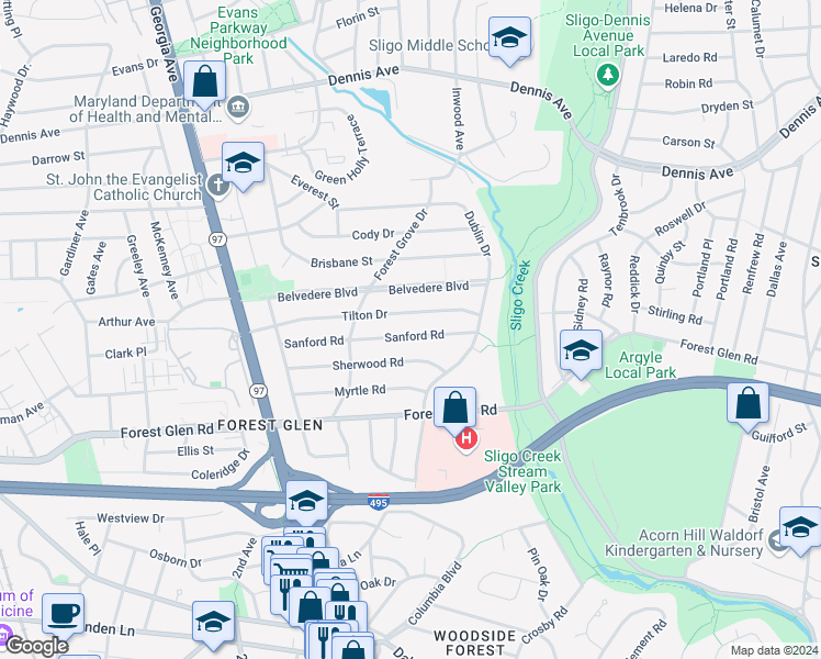 map of restaurants, bars, coffee shops, grocery stores, and more near 1609 Sanford Road in Silver Spring