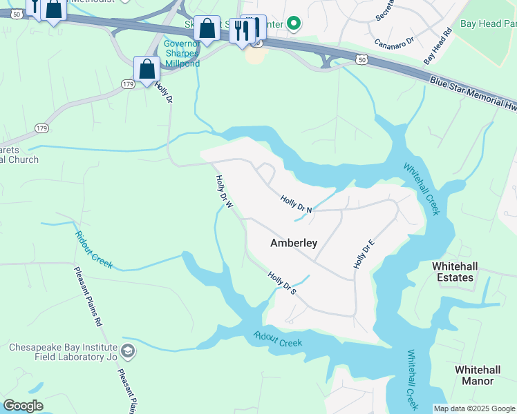 map of restaurants, bars, coffee shops, grocery stores, and more near 1601 Ridout Road in Annapolis