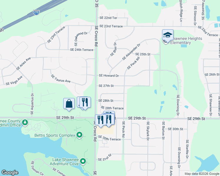 map of restaurants, bars, coffee shops, grocery stores, and more near 3700 Southeast 27th Terrace in Topeka