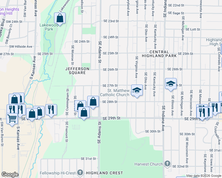 map of restaurants, bars, coffee shops, grocery stores, and more near 2720 Southeast Massachusetts Avenue in Topeka