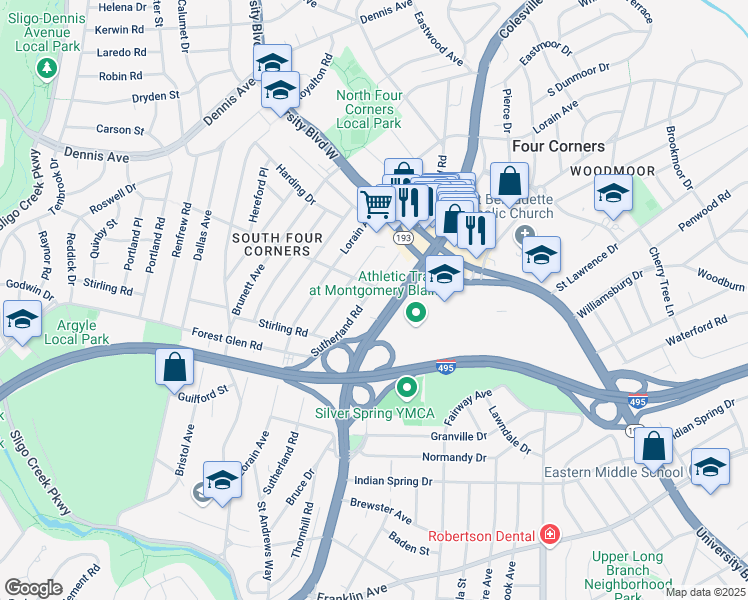 map of restaurants, bars, coffee shops, grocery stores, and more near 9925 Sutherland Road in Silver Spring