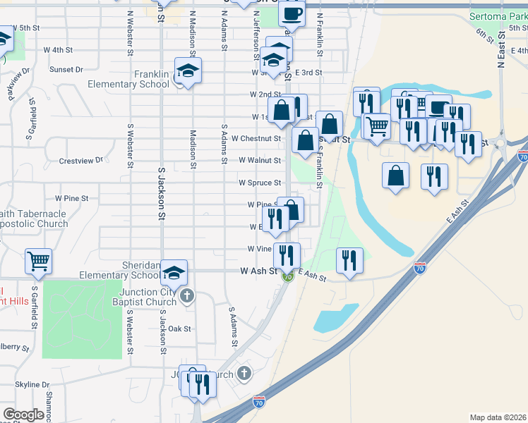 map of restaurants, bars, coffee shops, grocery stores, and more near 131 West Pine Street in Junction City