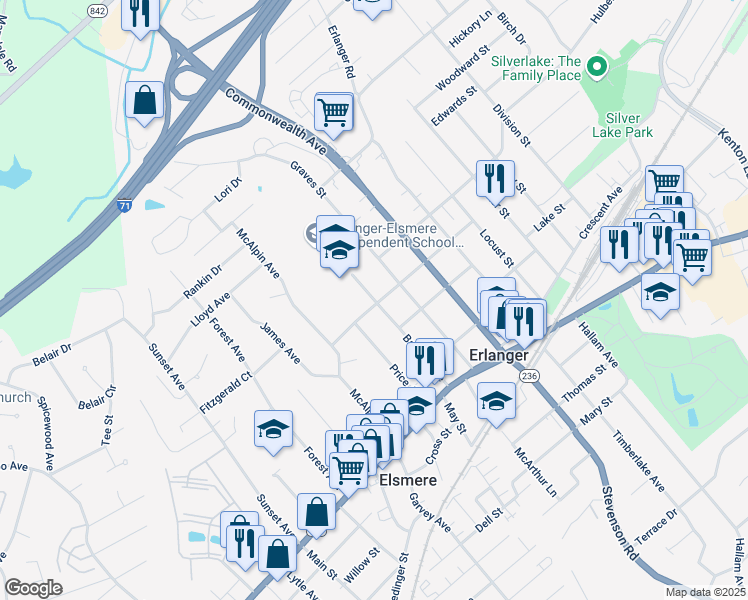 map of restaurants, bars, coffee shops, grocery stores, and more near 305 Bartlett Avenue in Erlanger