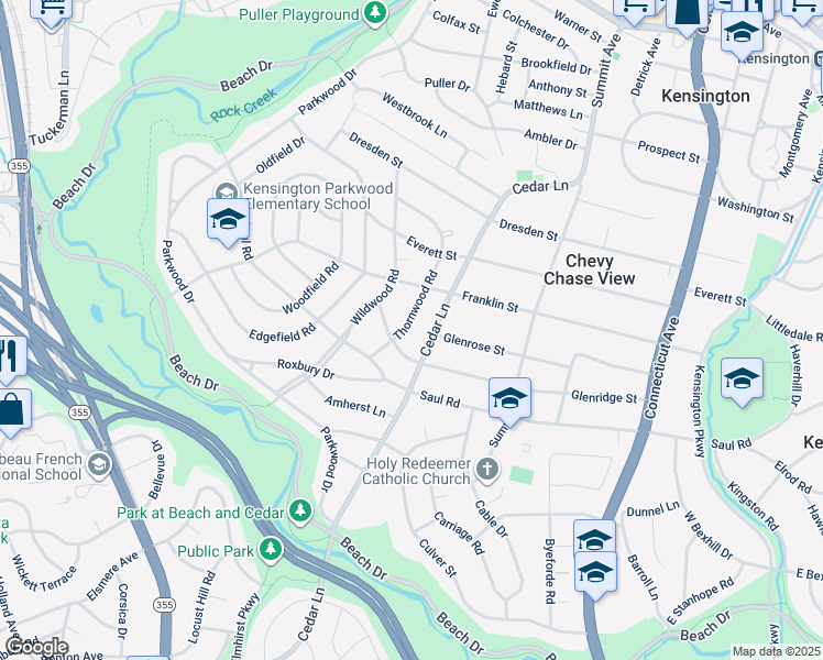 map of restaurants, bars, coffee shops, grocery stores, and more near 9911 Thornwood Road in Kensington