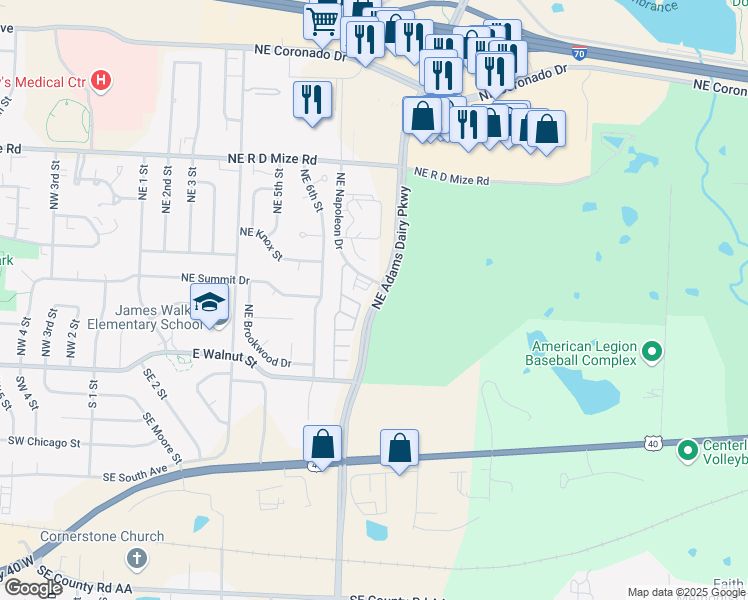 map of restaurants, bars, coffee shops, grocery stores, and more near 429 Northeast Adams Dairy Parkway in Blue Springs