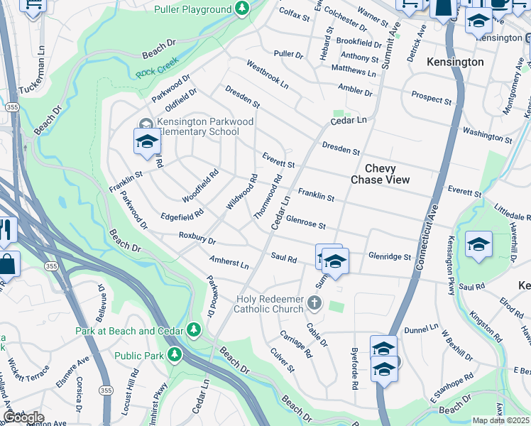 map of restaurants, bars, coffee shops, grocery stores, and more near 9911 Thornwood Road in Kensington