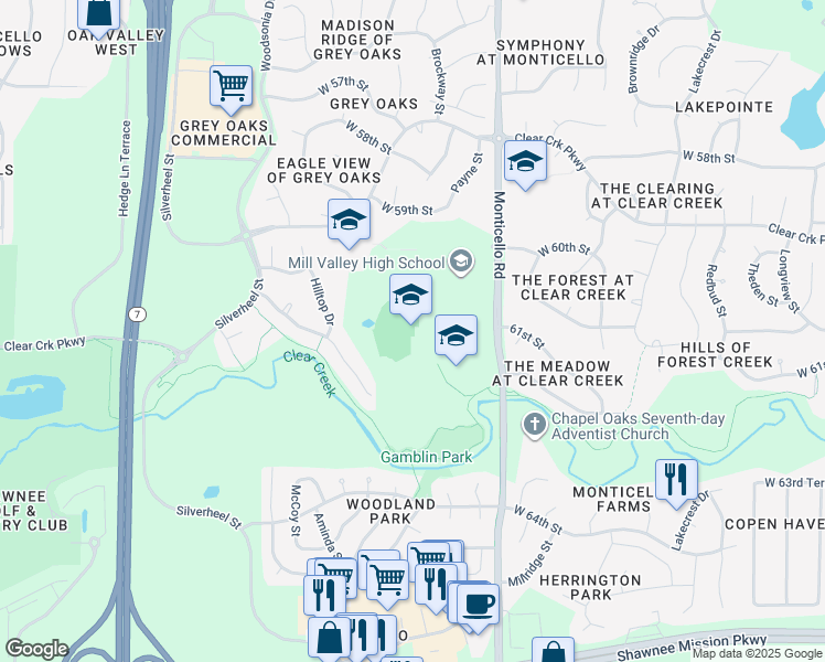 map of restaurants, bars, coffee shops, grocery stores, and more near 5900 Monticello Road in Shawnee