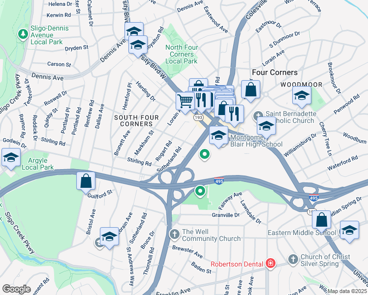 map of restaurants, bars, coffee shops, grocery stores, and more near 9925 Sutherland Road in Silver Spring