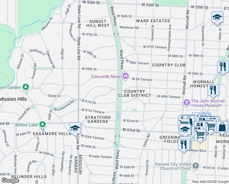 map of restaurants, bars, coffee shops, grocery stores, and more near 6020 Ward Parkway in Kansas City