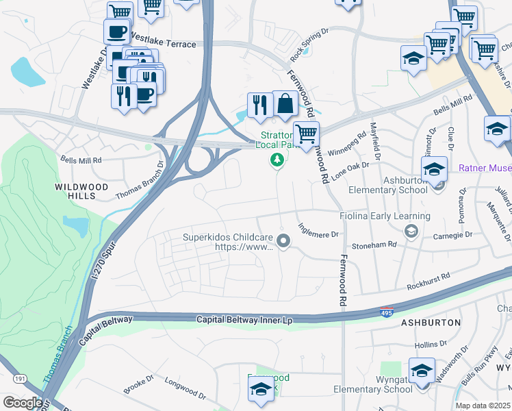 map of restaurants, bars, coffee shops, grocery stores, and more near 6708 Buttermere Lane in Bethesda