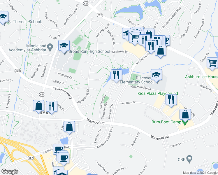 map of restaurants, bars, coffee shops, grocery stores, and more near 21701 Charity Terrace in Ashburn