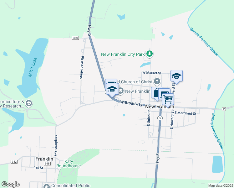 map of restaurants, bars, coffee shops, grocery stores, and more near 412 West Broadway in New Franklin