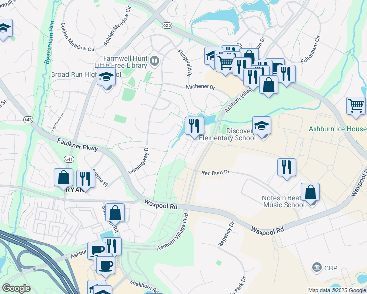 map of restaurants, bars, coffee shops, grocery stores, and more near 21701 Charity Terrace in Ashburn