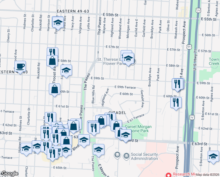 map of restaurants, bars, coffee shops, grocery stores, and more near 1700 East 60th Street in Kansas City