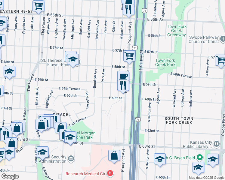 map of restaurants, bars, coffee shops, grocery stores, and more near 5915 Olive Street in Kansas City