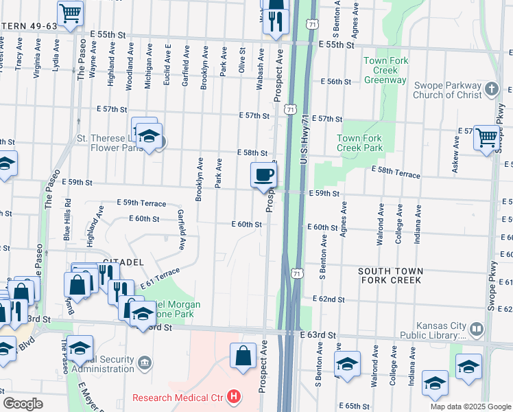 map of restaurants, bars, coffee shops, grocery stores, and more near 5931 Wabash Avenue in Kansas City