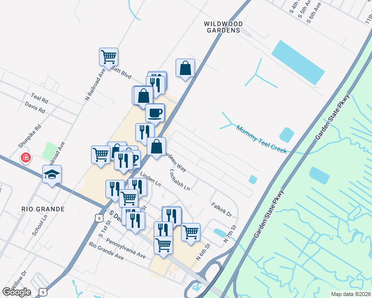 map of restaurants, bars, coffee shops, grocery stores, and more near 220 Maurice Boulevard in Rio Grande
