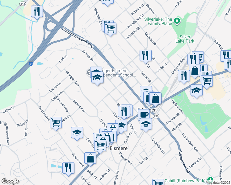 map of restaurants, bars, coffee shops, grocery stores, and more near 201 Graves Avenue in Erlanger