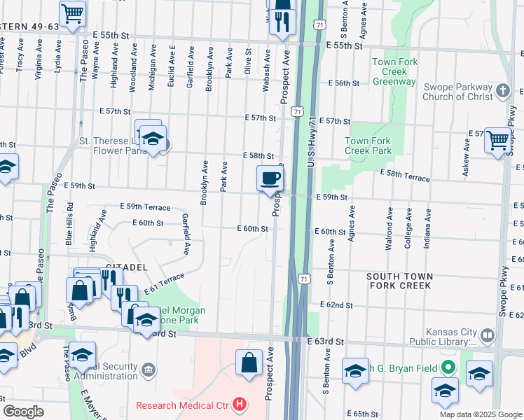 map of restaurants, bars, coffee shops, grocery stores, and more near 5931 Wabash Avenue in Kansas City