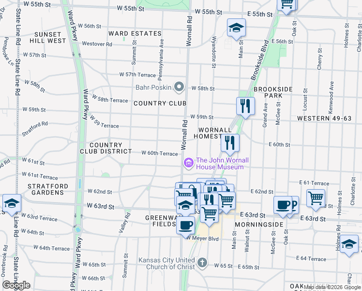 map of restaurants, bars, coffee shops, grocery stores, and more near 6025 Wornall Road in Kansas City