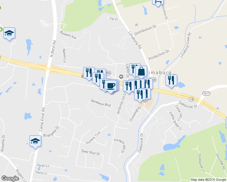map of restaurants, bars, coffee shops, grocery stores, and more near 1751 Patrick Drive in Burlington