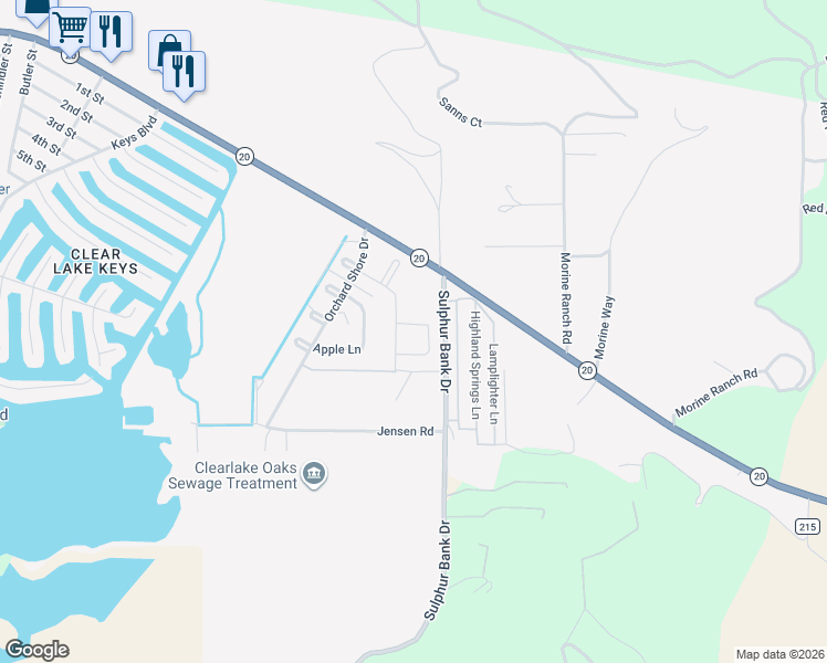 map of restaurants, bars, coffee shops, grocery stores, and more near 13937 Chestnut Circle in Clearlake Oaks