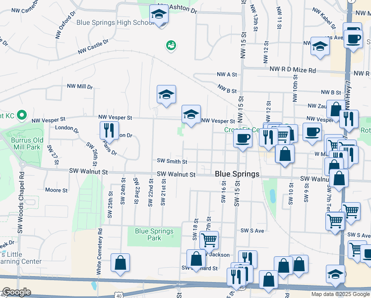 map of restaurants, bars, coffee shops, grocery stores, and more near 1813 West Main Street in Blue Springs