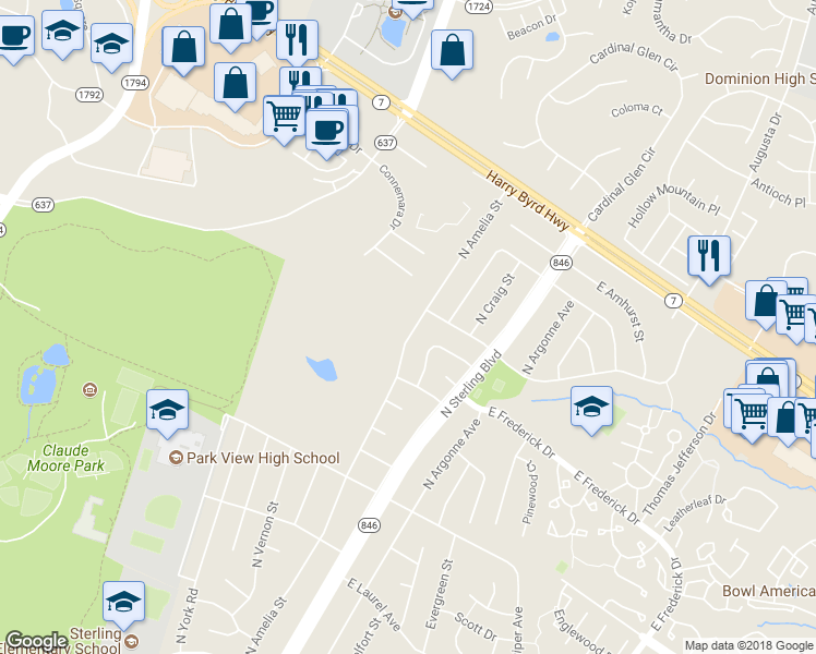map of restaurants, bars, coffee shops, grocery stores, and more near 1507 North Amelia Street in Sterling