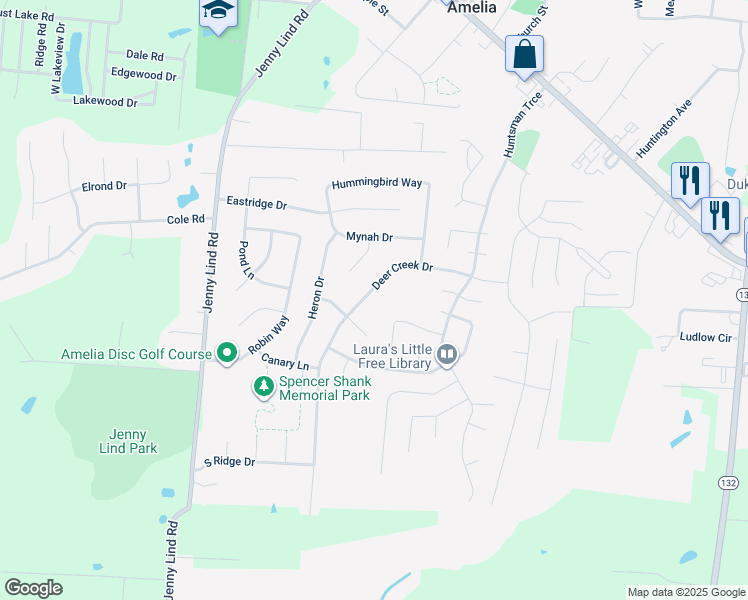 map of restaurants, bars, coffee shops, grocery stores, and more near 240 Deer Creek Drive in Amelia