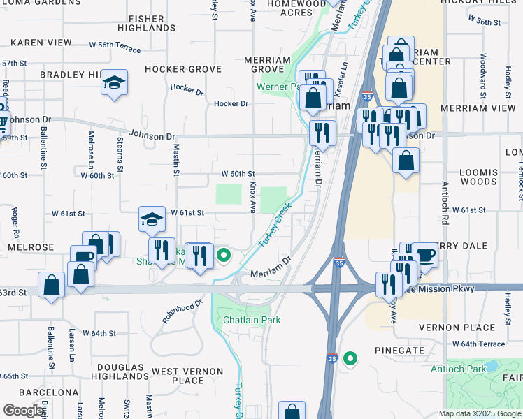 map of restaurants, bars, coffee shops, grocery stores, and more near 6109 Knox Avenue in Merriam