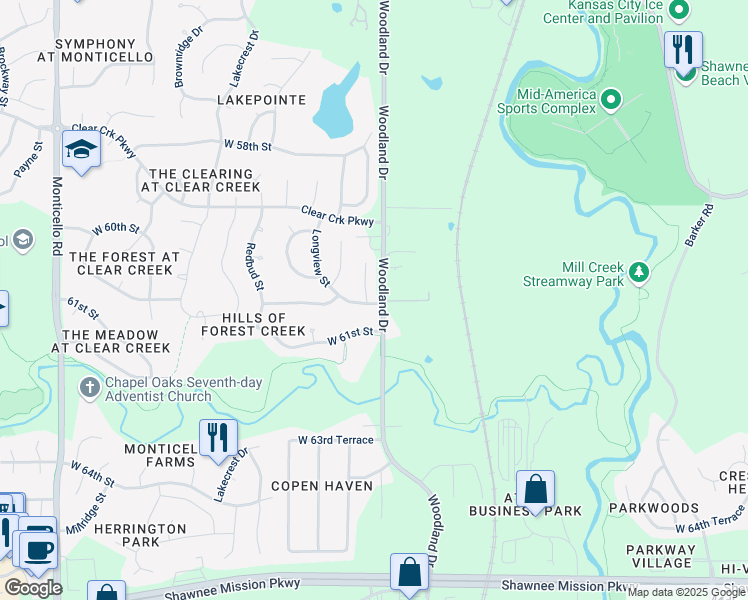 map of restaurants, bars, coffee shops, grocery stores, and more near 20700 West 61st Street in Shawnee