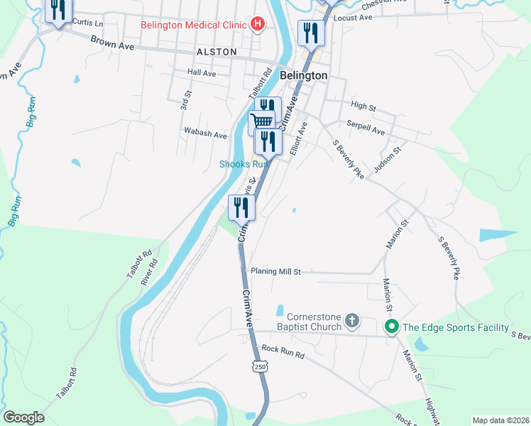 map of restaurants, bars, coffee shops, grocery stores, and more near 461 Elliott Avenue in Belington