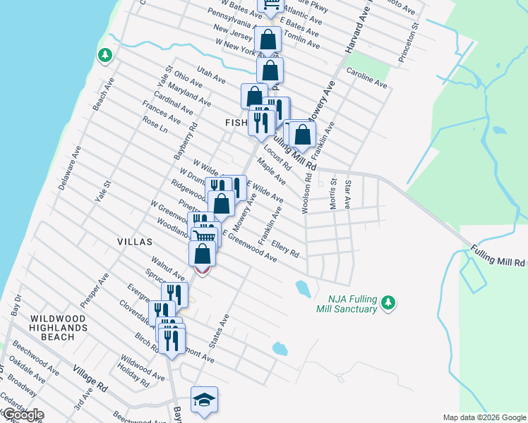 map of restaurants, bars, coffee shops, grocery stores, and more near 16 Alexander Avenue in Villas