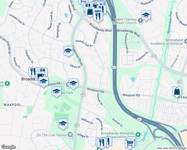 map of restaurants, bars, coffee shops, grocery stores, and more near 43133 Fling Court in Broadlands