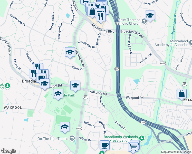 map of restaurants, bars, coffee shops, grocery stores, and more near 43133 Fling Court in Broadlands
