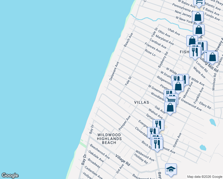 map of restaurants, bars, coffee shops, grocery stores, and more near 341 Evergreen Avenue in Villas