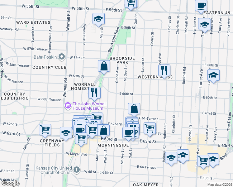 map of restaurants, bars, coffee shops, grocery stores, and more near 6620 Grand Avenue in Kansas City
