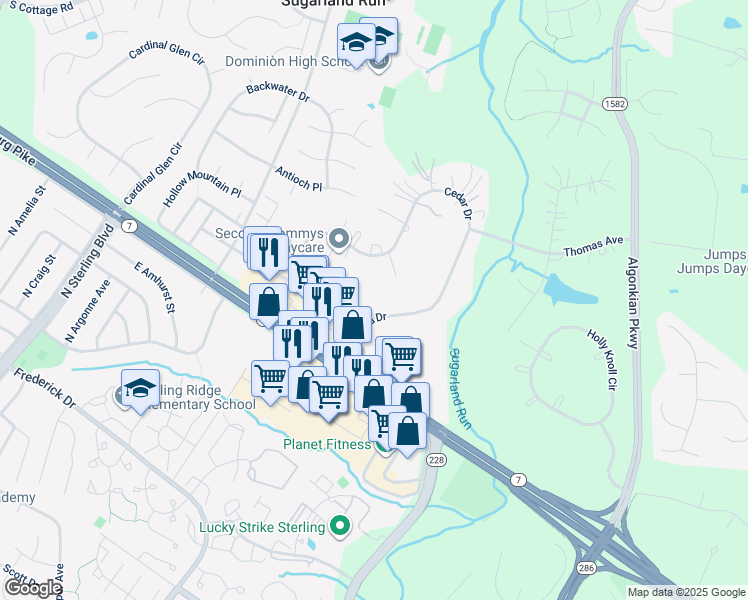 map of restaurants, bars, coffee shops, grocery stores, and more near 107 Lakeland Drive in Sterling