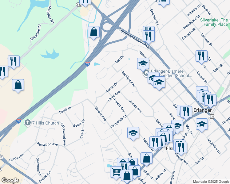 map of restaurants, bars, coffee shops, grocery stores, and more near 435 Forest Avenue in Erlanger