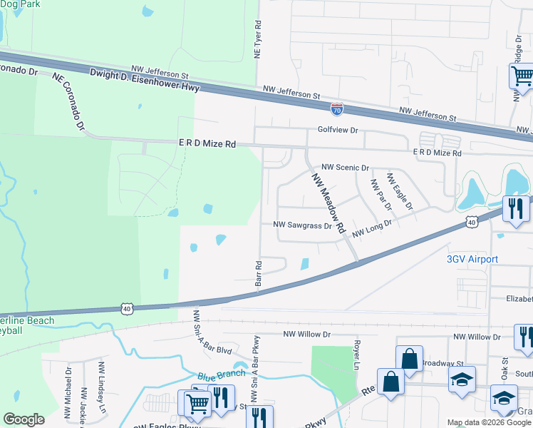 map of restaurants, bars, coffee shops, grocery stores, and more near 157 Barr Road in Grain Valley