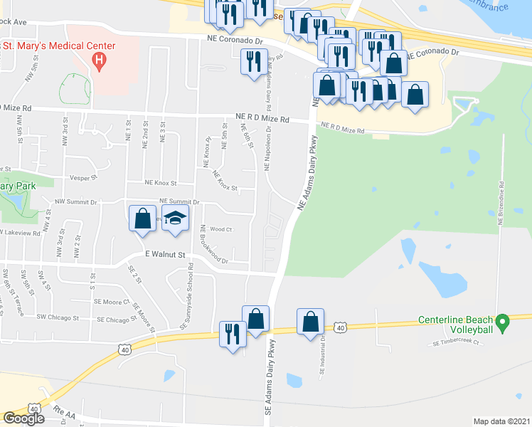map of restaurants, bars, coffee shops, grocery stores, and more near 311 Northeast Adams Dairy Parkway in Blue Springs