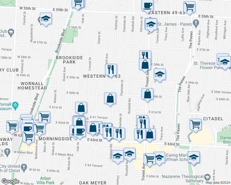 map of restaurants, bars, coffee shops, grocery stores, and more near 6008 Charlotte Street in Kansas City