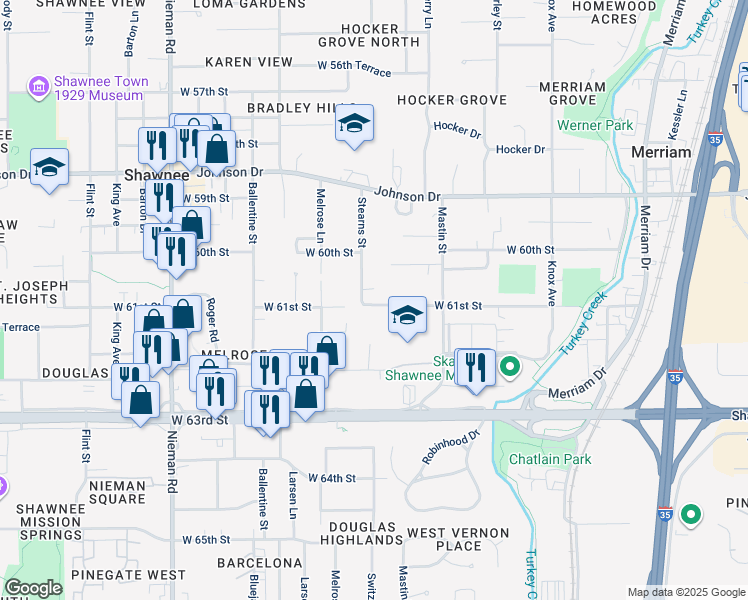 map of restaurants, bars, coffee shops, grocery stores, and more near 10307 West 61st Street in Shawnee