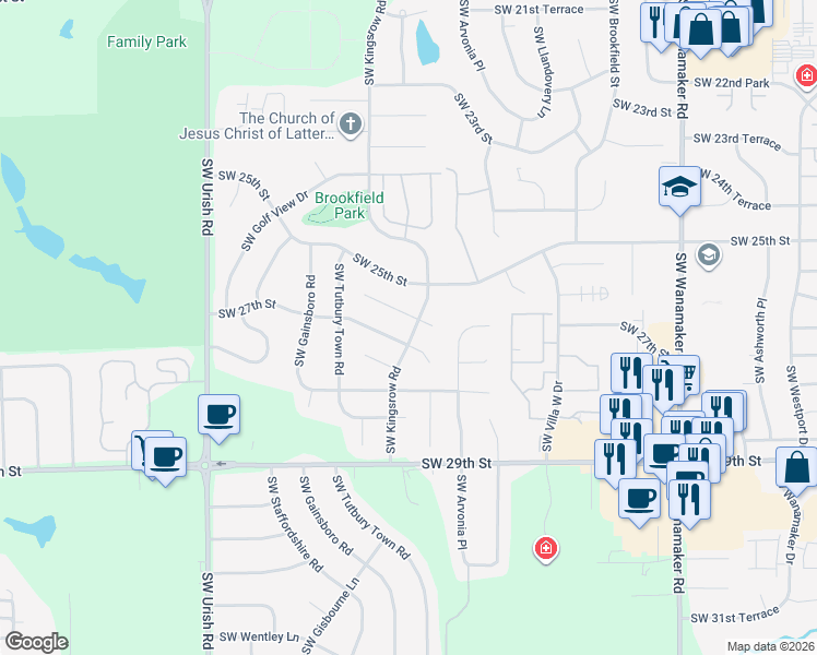 map of restaurants, bars, coffee shops, grocery stores, and more near 2701 Southwest Kingsrow Road in Topeka