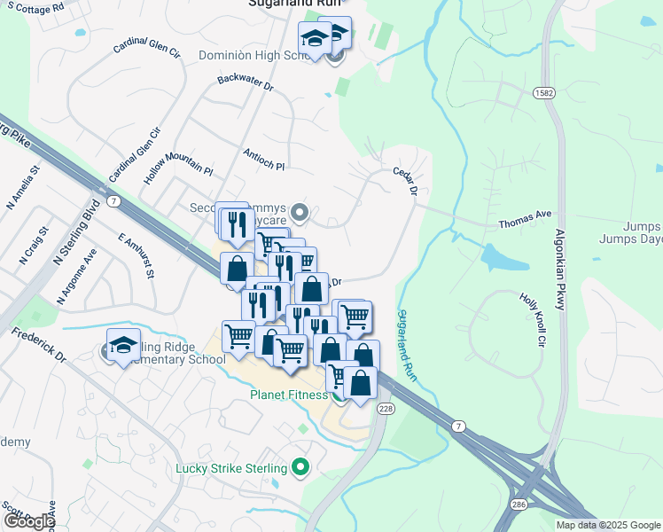 map of restaurants, bars, coffee shops, grocery stores, and more near 107 Lakeland Drive in Sterling
