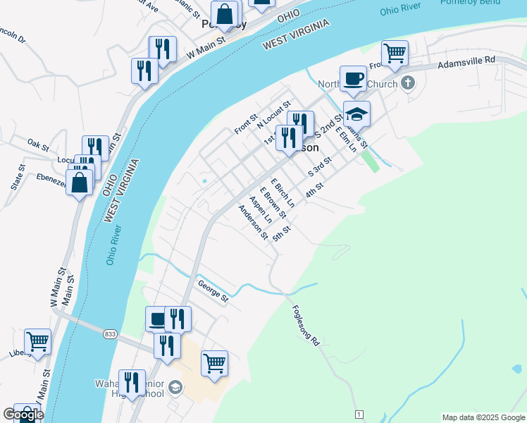 map of restaurants, bars, coffee shops, grocery stores, and more near 4 Aspen Lane in Mason