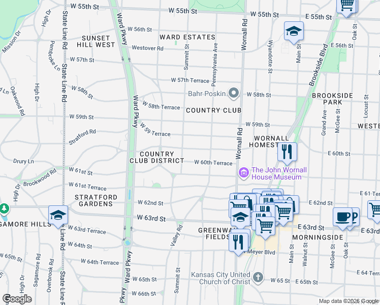 map of restaurants, bars, coffee shops, grocery stores, and more near 6031 Summit Street in Kansas City