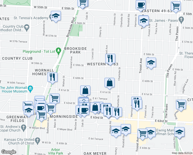 map of restaurants, bars, coffee shops, grocery stores, and more near 5944 Cherry Street in Kansas City